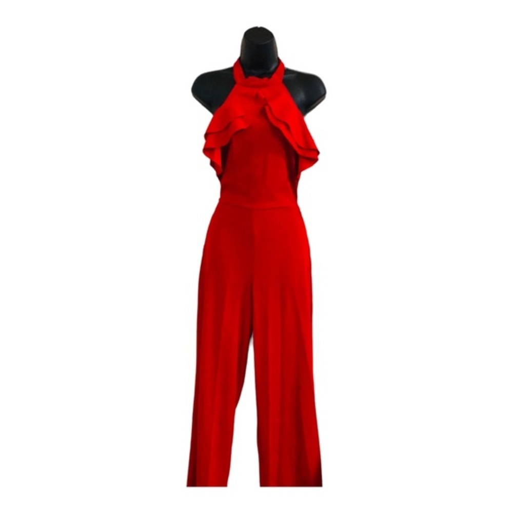 Bebe red Ruffle front belted sleeveless open back‎ Halter Jumpsuit size 2 new - Picture 4 of 15